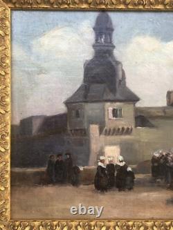 SUPERBE ancien TABLEAU PEINTURE HST BRETAGNE BRETONS CONCARNEAU H. BARNOUIN