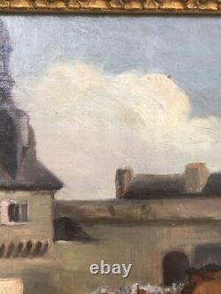 SUPERBE ancien TABLEAU PEINTURE HST BRETAGNE BRETONS CONCARNEAU H. BARNOUIN
