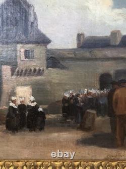 SUPERBE ancien TABLEAU PEINTURE HST BRETAGNE BRETONS CONCARNEAU H. BARNOUIN