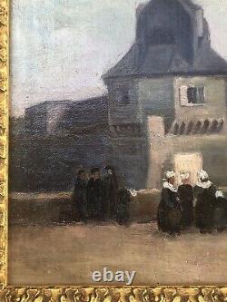SUPERBE ancien TABLEAU PEINTURE HST BRETAGNE BRETONS CONCARNEAU H. BARNOUIN