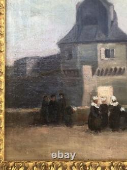 SUPERBE ancien TABLEAU PEINTURE HST BRETAGNE BRETONS CONCARNEAU H. BARNOUIN