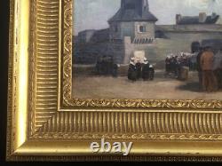 SUPERBE ancien TABLEAU PEINTURE HST BRETAGNE BRETONS CONCARNEAU H. BARNOUIN