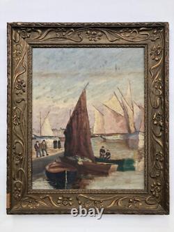 SUPERBE ancien TABLEAU PEINTURE sur BOIS MARINE PORT BRETON PÊCHEURS VOILIERS