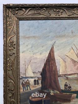 SUPERBE ancien TABLEAU PEINTURE sur BOIS MARINE PORT BRETON PÊCHEURS VOILIERS