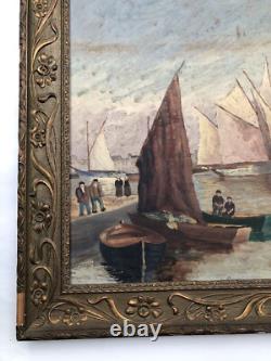 SUPERBE ancien TABLEAU PEINTURE sur BOIS MARINE PORT BRETON PÊCHEURS VOILIERS