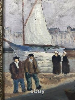 SUPERBE ancien TABLEAU PEINTURE sur BOIS MARINE PORT BRETON PÊCHEURS VOILIERS