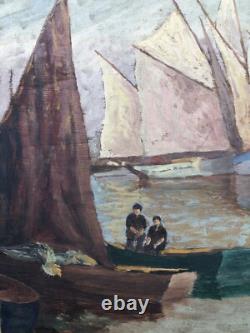 SUPERBE ancien TABLEAU PEINTURE sur BOIS MARINE PORT BRETON PÊCHEURS VOILIERS