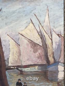 SUPERBE ancien TABLEAU PEINTURE sur BOIS MARINE PORT BRETON PÊCHEURS VOILIERS