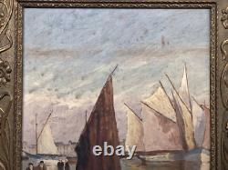 SUPERBE ancien TABLEAU PEINTURE sur BOIS MARINE PORT BRETON PÊCHEURS VOILIERS