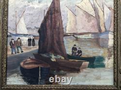 SUPERBE ancien TABLEAU PEINTURE sur BOIS MARINE PORT BRETON PÊCHEURS VOILIERS