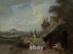 Scène Animée Dans Un Parc, Huile Sur Toile XVIIIe, Tableau Ancien, Peinture