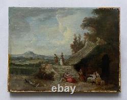 Scène Animée Dans Un Parc, Huile Sur Toile XVIIIe, Tableau Ancien, Peinture