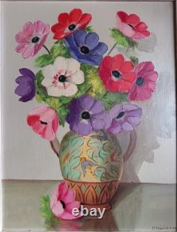 Signé PRIMO DOLZAN ancien joli tableau HST XXème Bouquet de fleurs Cxx