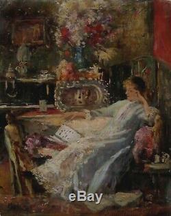 Splendide Jeune femme salon Impressionnisme Filosa Italie Tableau ancien 1900