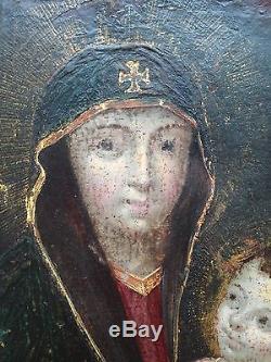 Sublime Tableau ancien XVIIIe XIXe Vierge à l'enfant Huile sur carton Orthodoxe