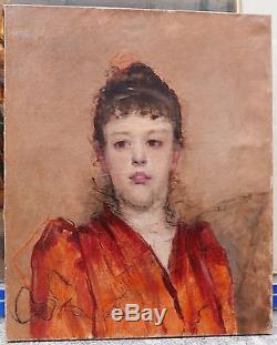 Superbe Tableau Ancien Huile Portrait Jeune Femme Impressionniste XIXe 1880