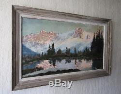 Superbe ancien grand tableau lac de montagne Chamonix Mont Blanc signé Corelli