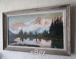 Superbe ancien grand tableau lac de montagne Chamonix Mont Blanc signé Corelli
