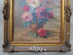 Superbe ancien tableau XIXe signé Vallet, bouquet de fleurs roses, beau cadre
