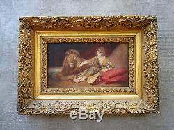 Superbe ancien tableau non signé, dompteuse de lion, femme Art déco, cirque