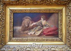 Superbe ancien tableau non signé, dompteuse de lion, femme Art déco, cirque