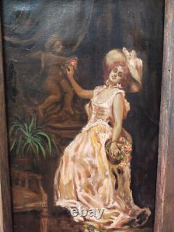 Superbe petit tableau ancien femme posant au chapeau 33x21 cm