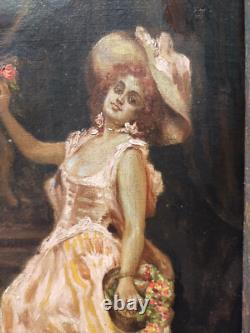 Superbe petit tableau ancien femme posant au chapeau 33x21 cm