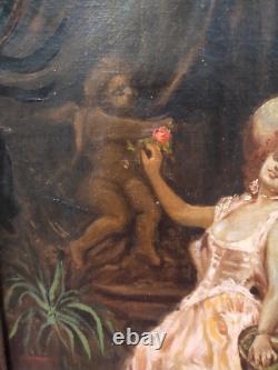 Superbe petit tableau ancien femme posant au chapeau 33x21 cm