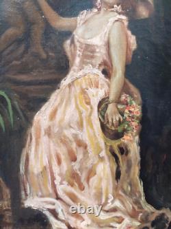 Superbe petit tableau ancien femme posant au chapeau 33x21 cm