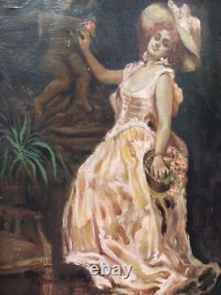 Superbe petit tableau ancien femme posant au chapeau 33x21 cm