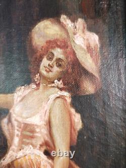 Superbe petit tableau ancien femme posant au chapeau 33x21 cm