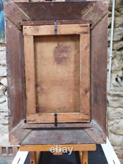 Superbe petit tableau ancien femme posant au chapeau 33x21 cm