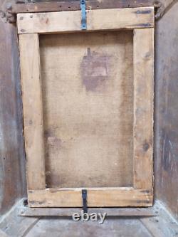 Superbe petit tableau ancien femme posant au chapeau 33x21 cm