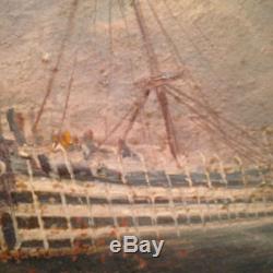 Superbe tableau ancien Marine Musée Sète Huile sur toile Paquebot tempête signé
