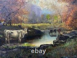 Superbe tableau ancien à l'huile sur toile, vaches, impressionisme, 60x 43cm