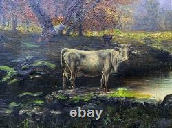 Superbe tableau ancien à l'huile sur toile, vaches, impressionisme, 60x 43cm