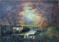 Superbe tableau ancien à l'huile sur toile, vaches, impressionisme, 60x 43cm