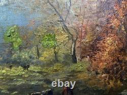 Superbe tableau ancien à l'huile sur toile, vaches, impressionisme, 60x 43cm