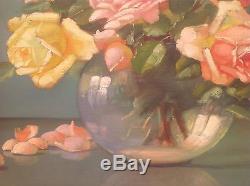 Superbe tableau ancien huile sur toile Bouquet de roses signé goût Fantin Latour