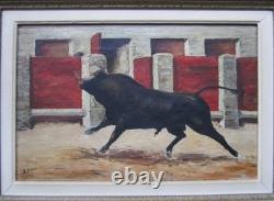 Superbe tableau ancien signé en 1938 corrida tauromachie taureau arène toréador