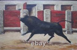 Superbe tableau ancien signé en 1938 corrida tauromachie taureau arène toréador