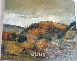 TABLEAU ANCIEN PAYSAGE VILLAGE MONTAGNE SIGNATURE À IDENTIFIER 60x50CM 1967