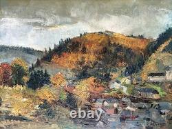 TABLEAU ANCIEN PAYSAGE VILLAGE MONTAGNE SIGNATURE À IDENTIFIER 60x50CM 1967