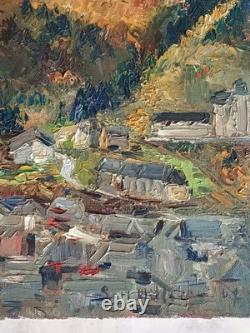 TABLEAU ANCIEN PAYSAGE VILLAGE MONTAGNE SIGNATURE À IDENTIFIER 60x50CM 1967