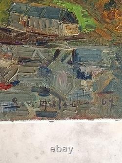 TABLEAU ANCIEN PAYSAGE VILLAGE MONTAGNE SIGNATURE À IDENTIFIER 60x50CM 1967