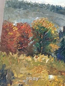 TABLEAU ANCIEN PAYSAGE VILLAGE MONTAGNE SIGNATURE À IDENTIFIER 60x50CM 1967