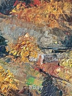 TABLEAU ANCIEN PAYSAGE VILLAGE MONTAGNE SIGNATURE À IDENTIFIER 60x50CM 1967