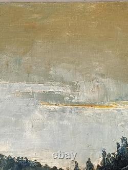 TABLEAU ANCIEN PAYSAGE VILLAGE MONTAGNE SIGNATURE À IDENTIFIER 60x50CM 1967