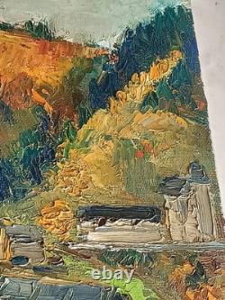 TABLEAU ANCIEN PAYSAGE VILLAGE MONTAGNE SIGNATURE À IDENTIFIER 60x50CM 1967
