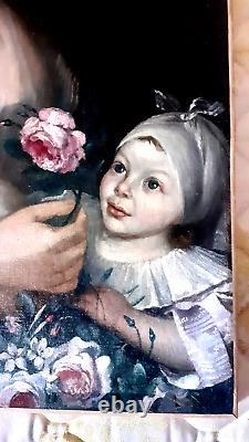 TABLEAU ANCIEN PORTRAIT D'ÉPOQUE XVIIIème FEMME ET ENFANT RÈGNE DE LOUIS XVI